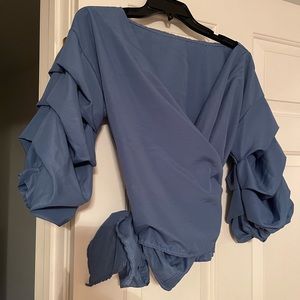 Long sleeve, V-neck, Ruffle, Blue Blouse